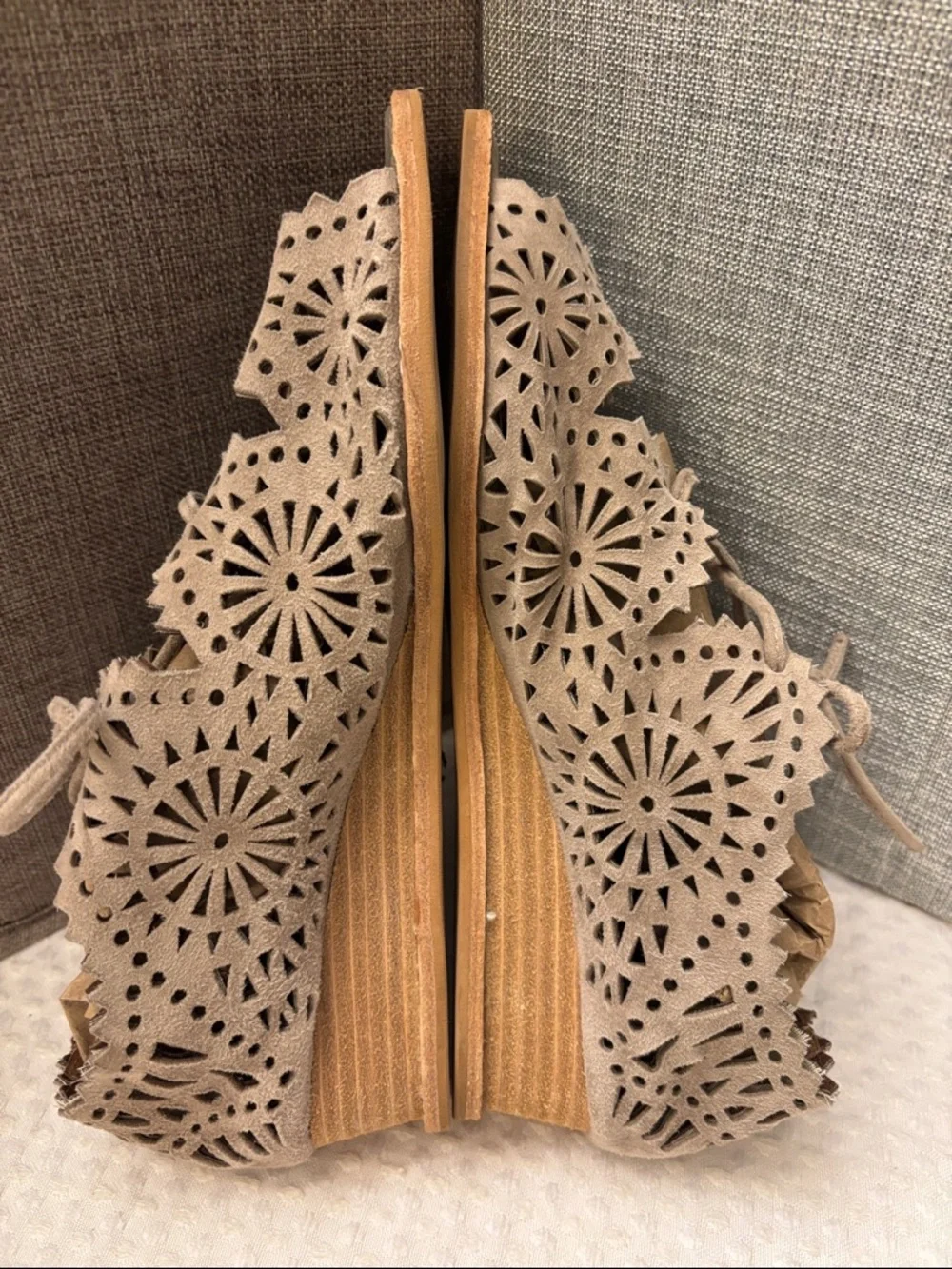 Jeffrey Campbell Espejo 9 Taupe Tan Suede Leather Laser-Cut Lace-Up Wedge Sandal